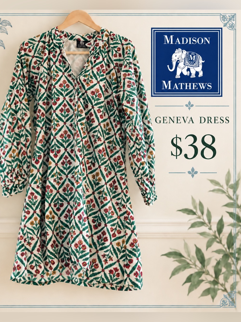 Madison Mathews Green Floral Tile-Print Long-Sleeve Dress